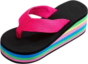 Sandals For Womens Colorful Rainbow Thong Sandals Lightweight Foam Thick Soles Wedge Heels Platform Home Flip Flops