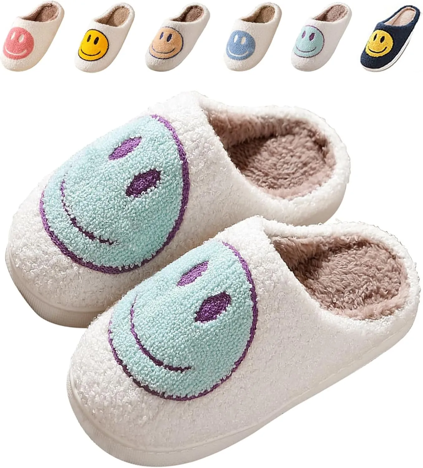 Sierlos Cute Kids' Plush Preppy Slippers - Happy Face Soft Memory Foam Fuzzy Slip-Ons for Indoor/Outdoor Use