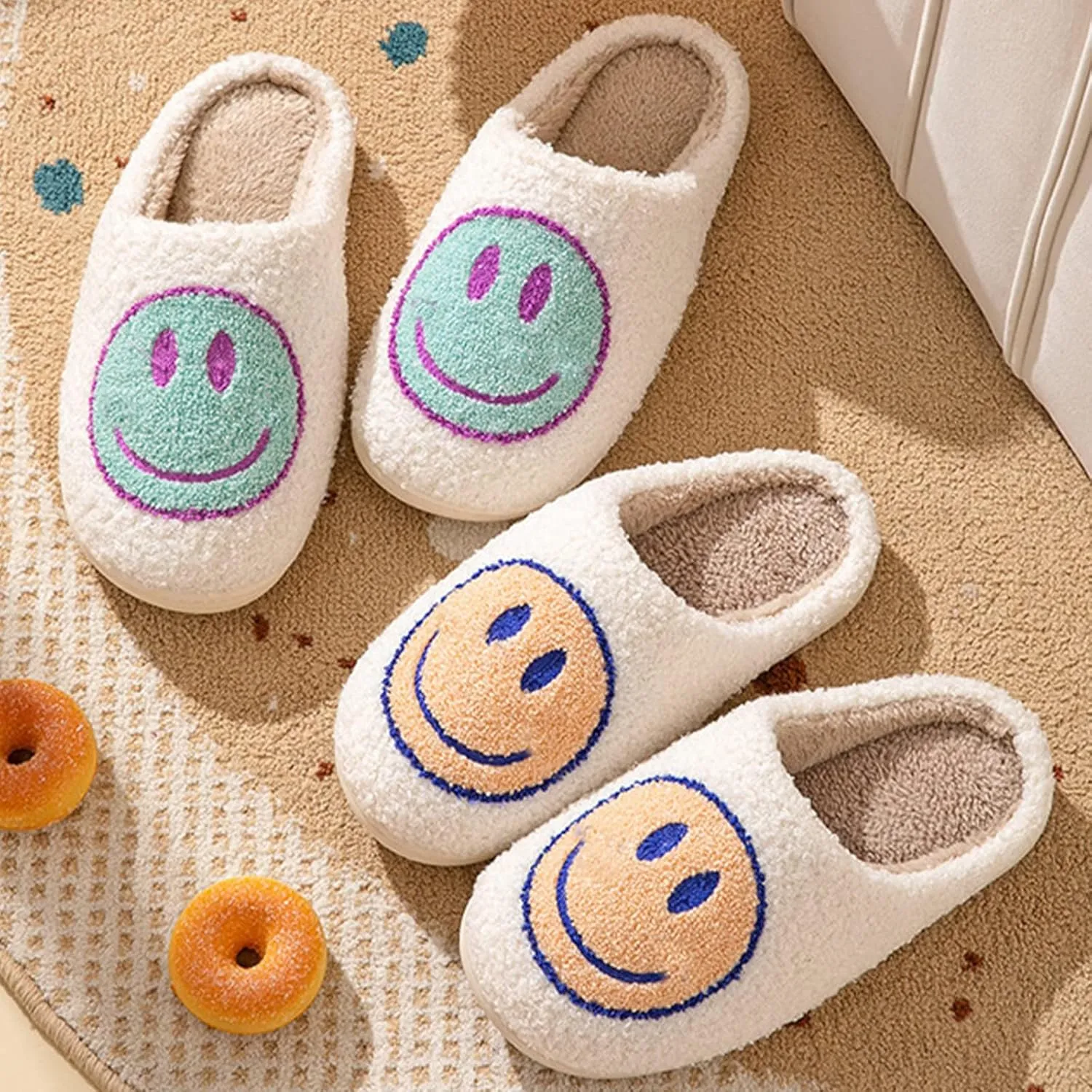 Sierlos Cute Kids' Plush Preppy Slippers - Happy Face Soft Memory Foam Fuzzy Slip-Ons for Indoor/Outdoor Use