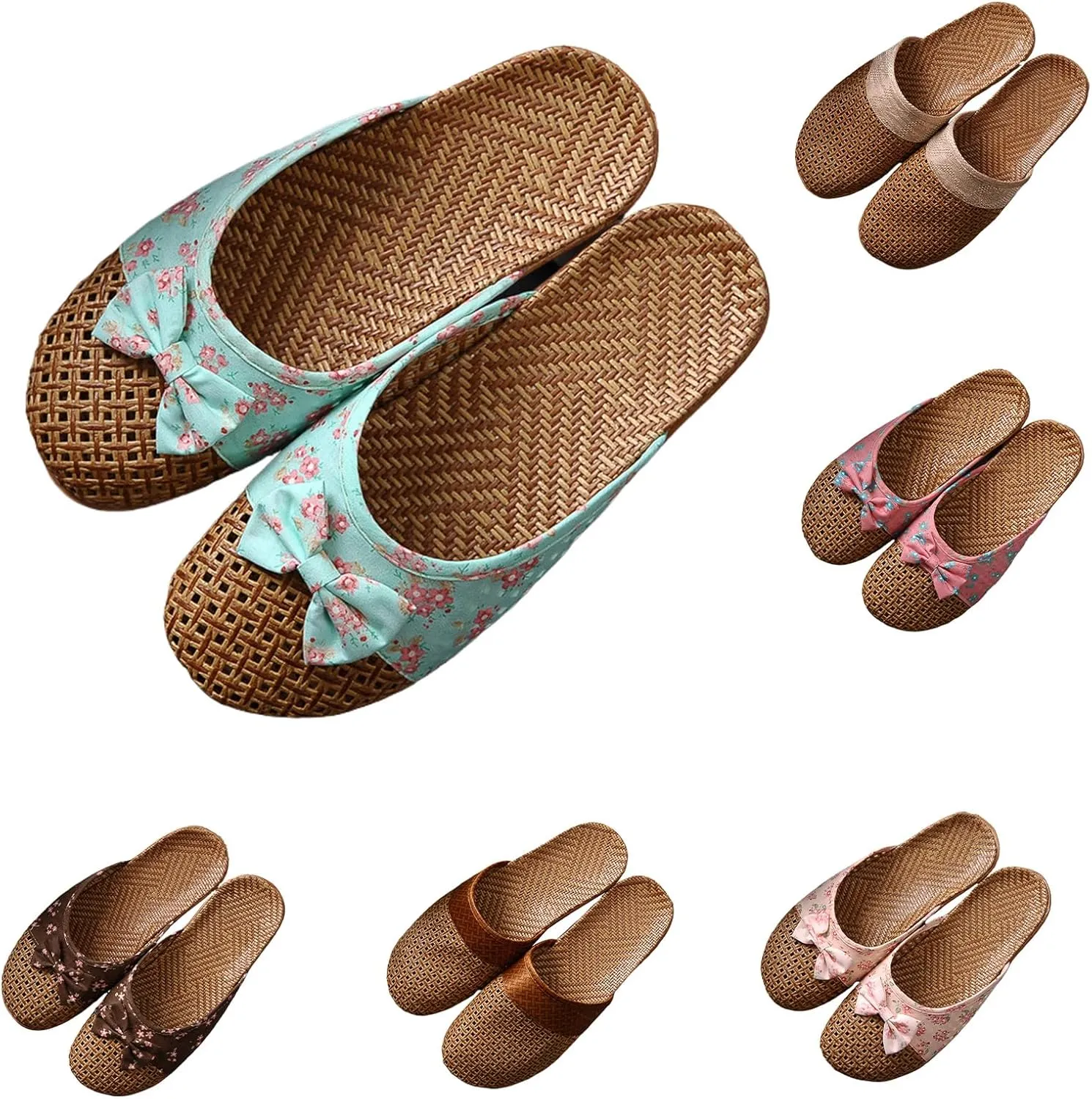 Slide Sandals for Women 2025 Comfortable Vine Grass Woven Slippers Closed Toe Home Slippers Anti Slip Grass Mat Sandals Bohemian Breathable Vacation Shoes