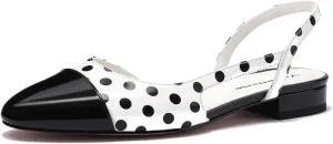 Slingback Flat Pumps for Women Polka Dot Cap Toe Block Low Heels Sandals Two Tone Dress Casual Slide Walking Shoes