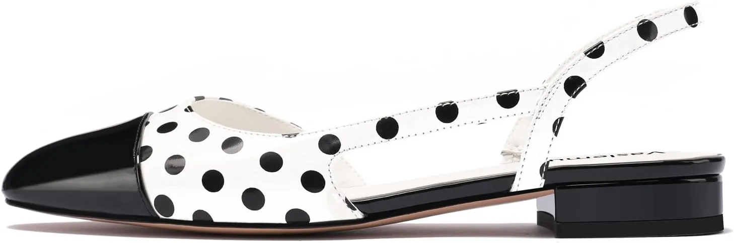 Slingback Flat Pumps for Women Polka Dot Cap Toe Block Low Heels Sandals Two Tone Dress Casual Slide Walking Shoes