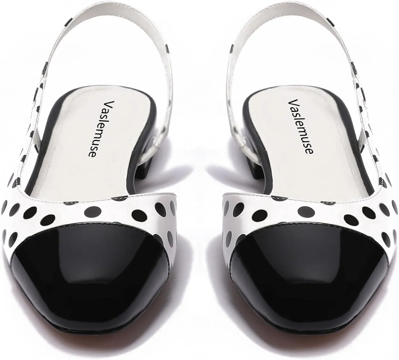 Slingback Flat Pumps for Women Polka Dot Cap Toe Block Low Heels Sandals Two Tone Dress Casual Slide Walking Shoes