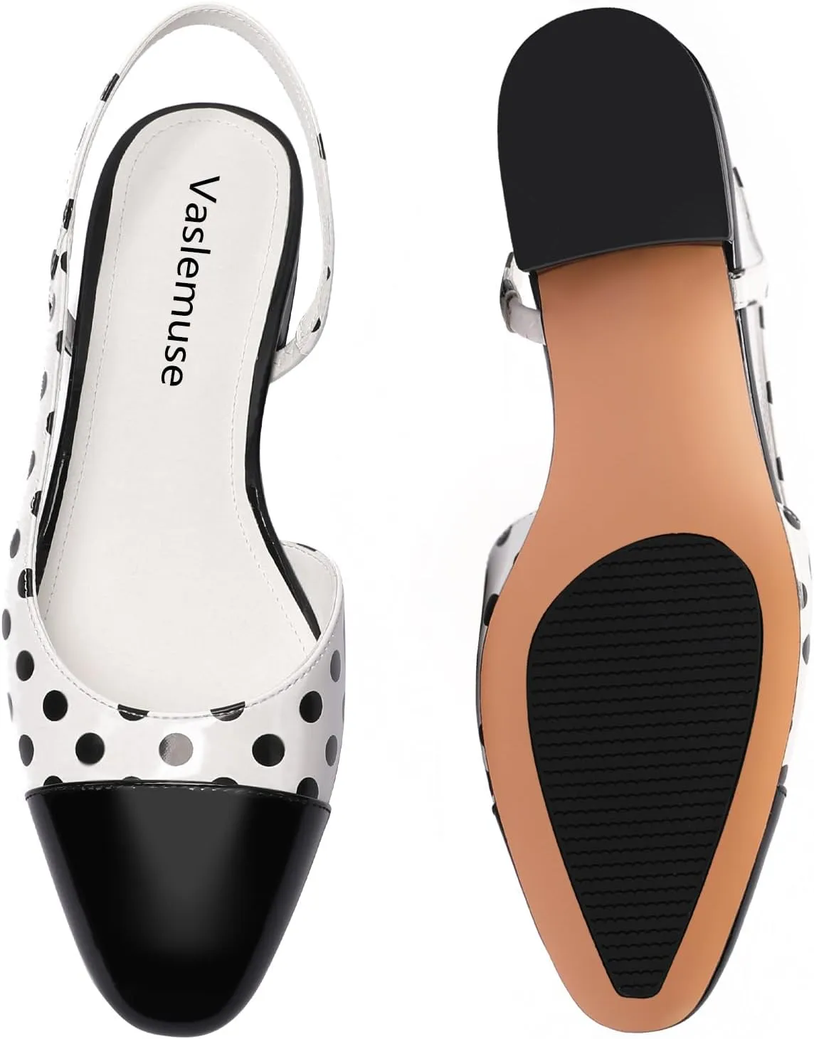 Slingback Flat Pumps for Women Polka Dot Cap Toe Block Low Heels Sandals Two Tone Dress Casual Slide Walking Shoes