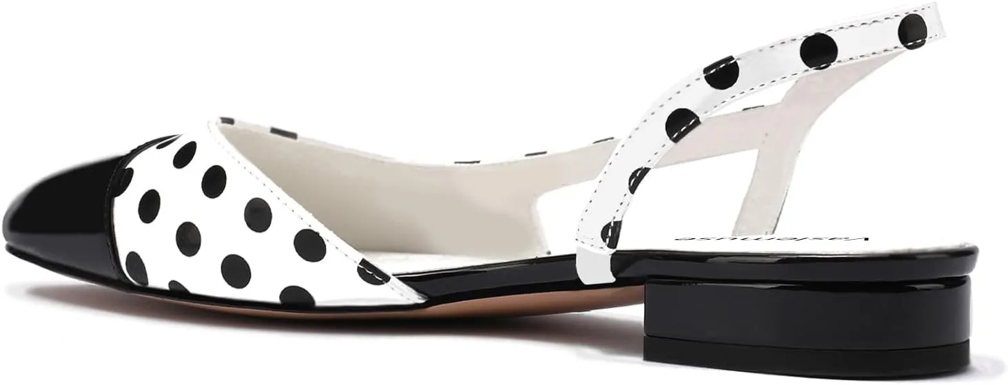 Slingback Flat Pumps for Women Polka Dot Cap Toe Block Low Heels Sandals Two Tone Dress Casual Slide Walking Shoes