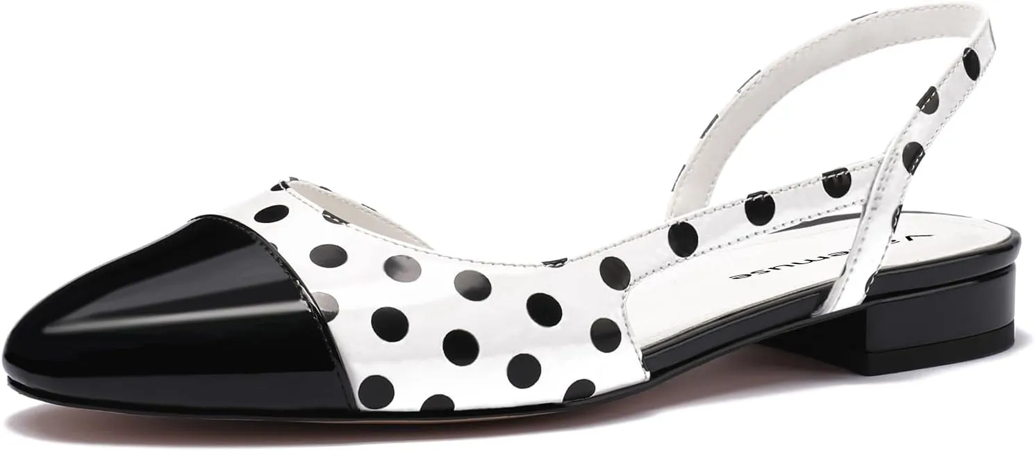 Slingback Flat Pumps for Women Polka Dot Cap Toe Block Low Heels Sandals Two Tone Dress Casual Slide Walking Shoes