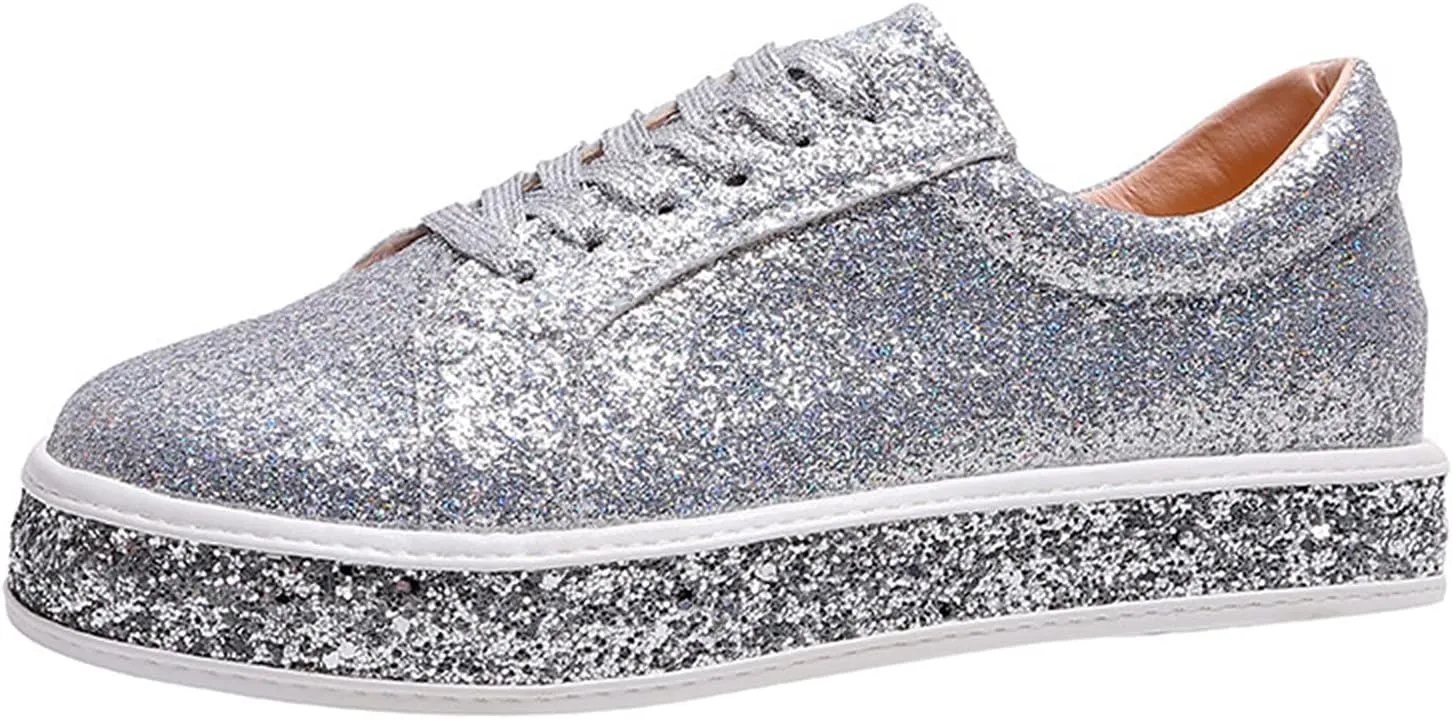 Sparkly Sneakers for Women Women's Glitter Shoes Sparkly Lightweight Metallic Sequins Tennis Shoes LCE Up Walking Shoes Cute