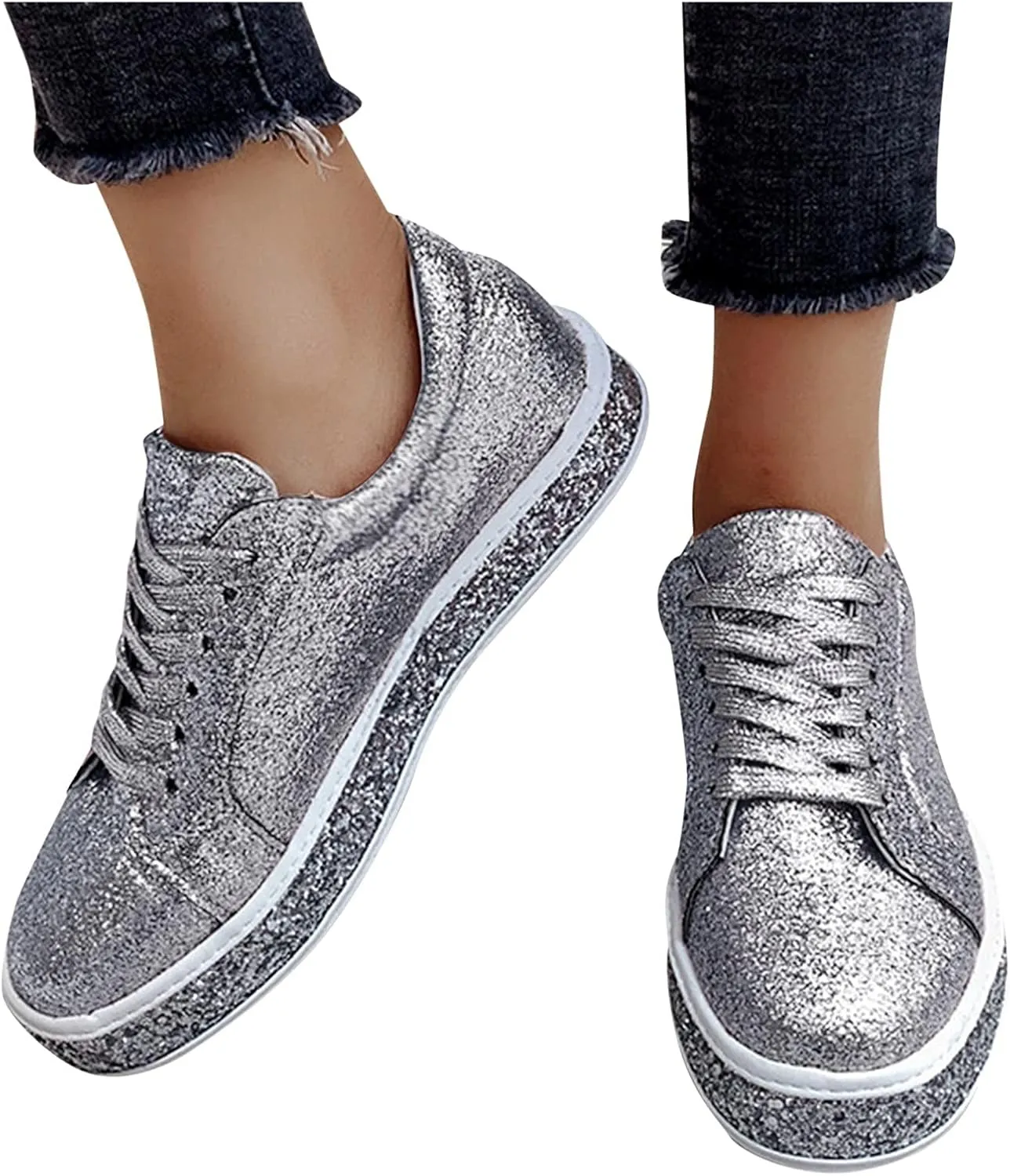 Sparkly Sneakers for Women Women's Glitter Shoes Sparkly Lightweight Metallic Sequins Tennis Shoes LCE Up Walking Shoes Cute