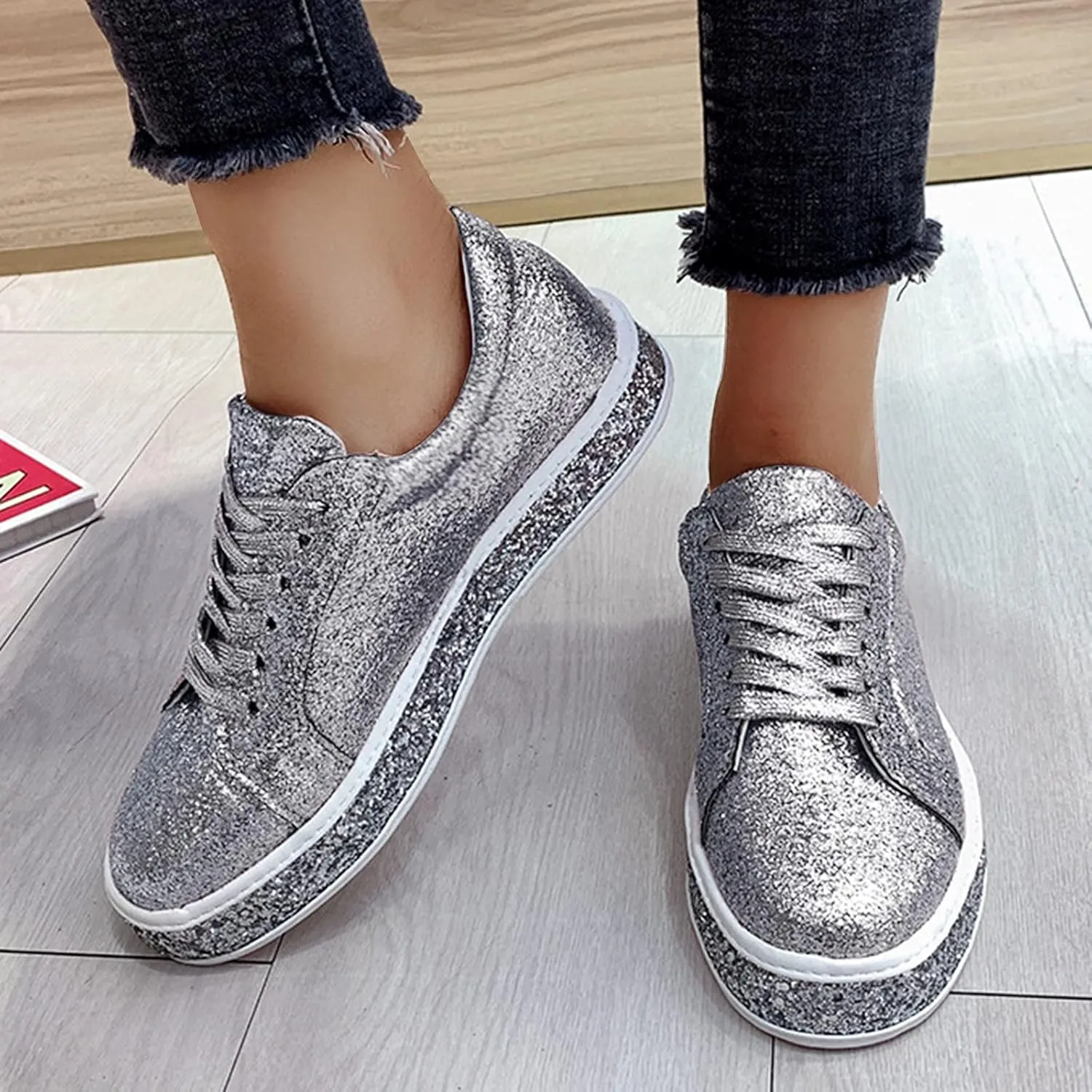 Sparkly Sneakers for Women Women's Glitter Shoes Sparkly Lightweight Metallic Sequins Tennis Shoes LCE Up Walking Shoes Cute