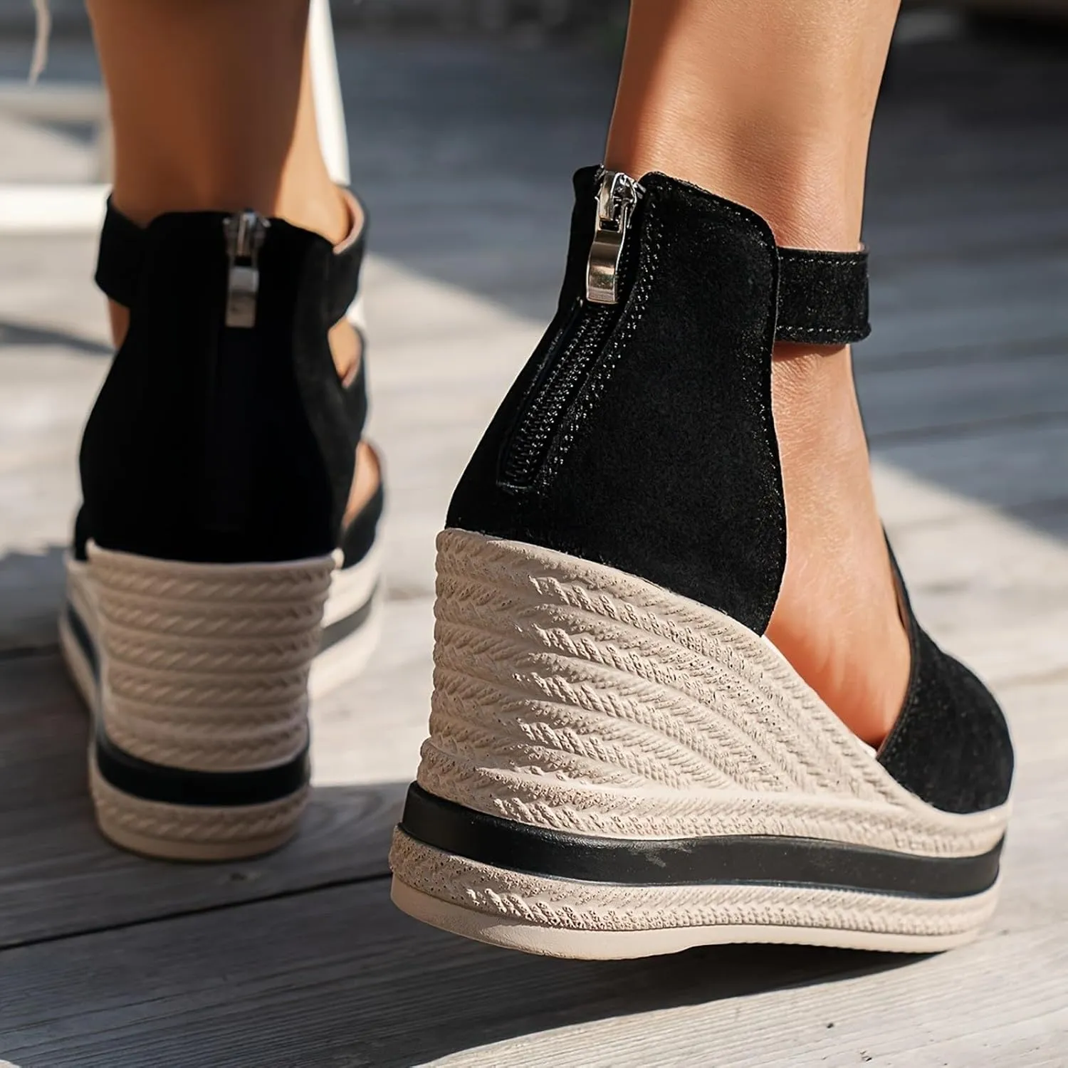 Summer Sandals for Women 2024 Peep Toe Fashion Wedge Heels Zipper Back Dress Platform Sandal Slip On Casual Shoes