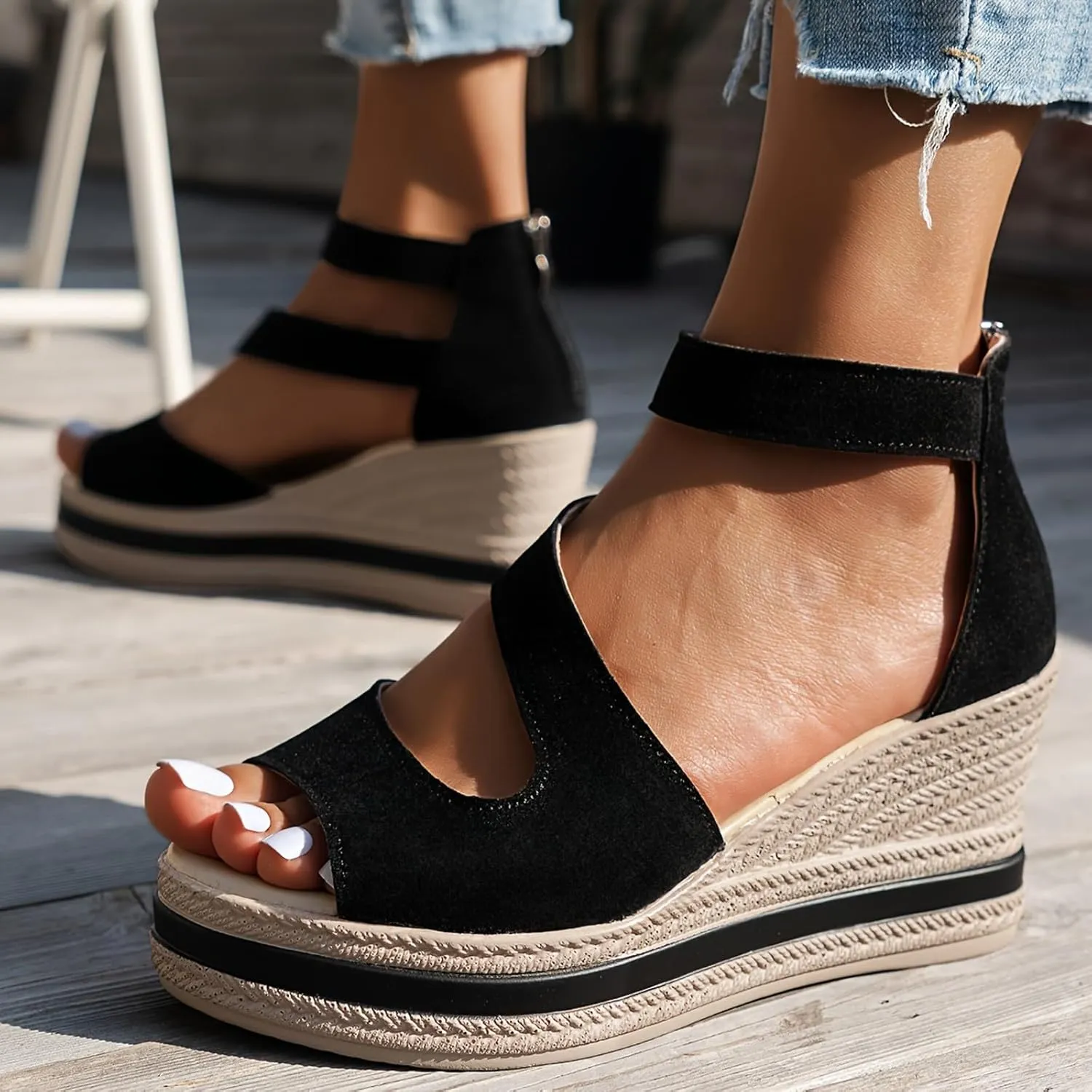 Summer Sandals for Women 2024 Peep Toe Fashion Wedge Heels Zipper Back Dress Platform Sandal Slip On Casual Shoes