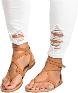 Summer Sandals For Women,Womens Strappy Flat Sandals Criss Cross Dressy Summer Clip Toe T-Strap Gladiator Beach Sandals