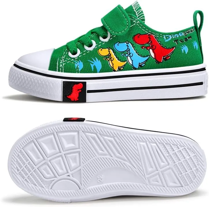 Toddler Boys Girls Slip On Canvas Sneakers Cartoon Dinasour Printed Little Kid Unisex Adjustable Strap Walking Shoes Lazy Shoes with Hook and Loops