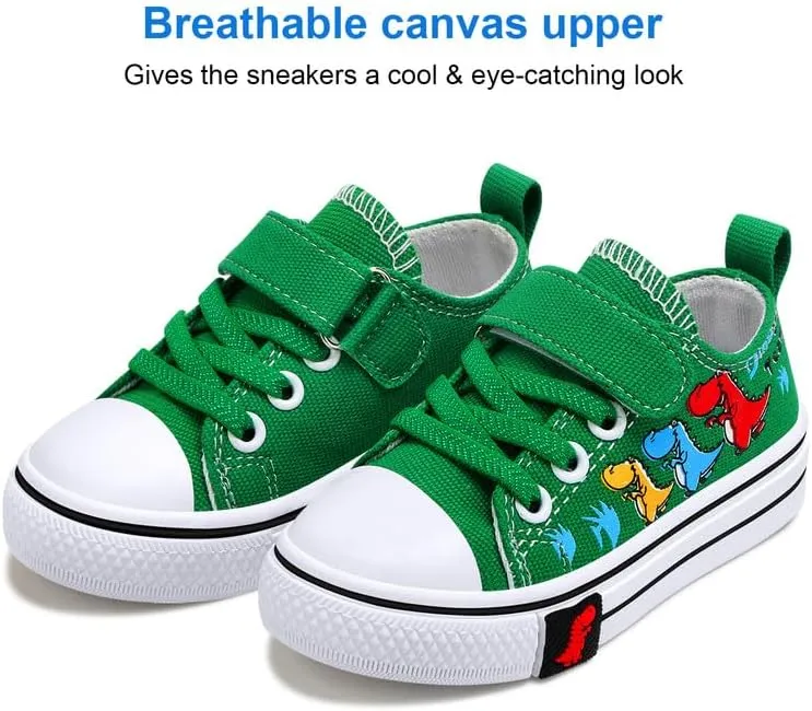 Toddler Boys Girls Slip On Canvas Sneakers Cartoon Dinasour Printed Little Kid Unisex Adjustable Strap Walking Shoes Lazy Shoes with Hook and Loops