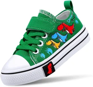 Toddler Boys Girls Slip On Canvas Sneakers Cartoon Dinasour Printed Little Kid Unisex Adjustable Strap Walking Shoes Lazy Shoes with Hook and Loops