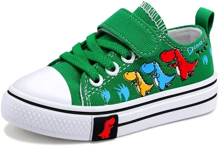 Toddler Boys Girls Slip On Canvas Sneakers Cartoon Dinasour Printed Little Kid Unisex Adjustable Strap Walking Shoes Lazy Shoes with Hook and Loops