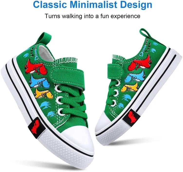 Toddler Boys Girls Slip On Canvas Sneakers Cartoon Dinasour Printed Little Kid Unisex Adjustable Strap Walking Shoes Lazy Shoes with Hook and Loops