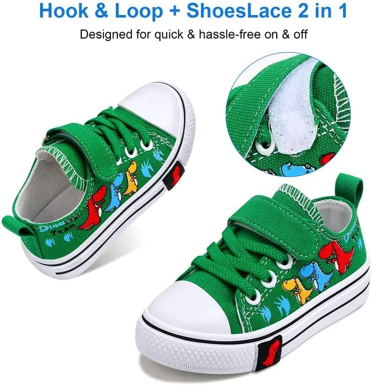 Toddler Boys Girls Slip On Canvas Sneakers Cartoon Dinasour Printed Little Kid Unisex Adjustable Strap Walking Shoes Lazy Shoes with Hook and Loops