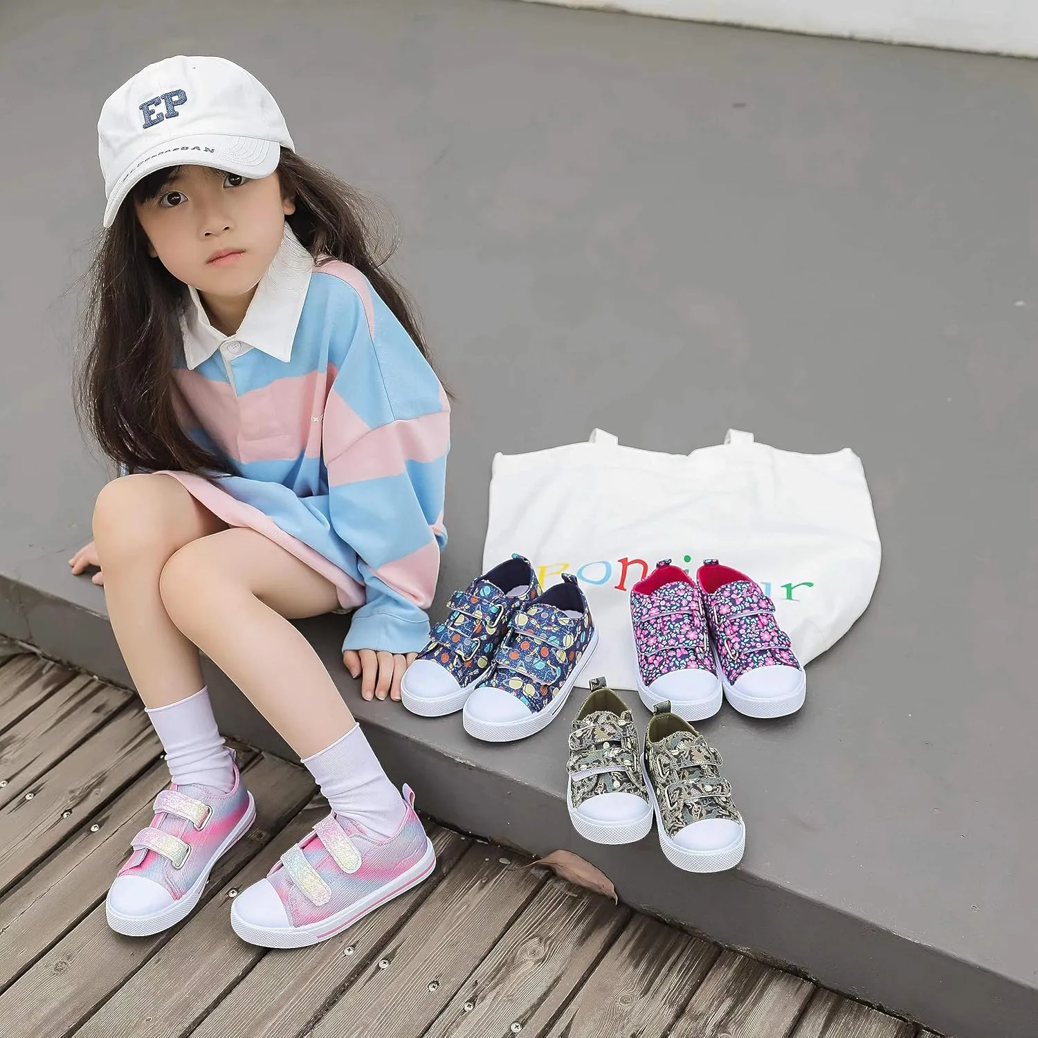 Toddler Girls Boys Shoes Kids Canvas Sneakers with Cartoon Print Adjustable Velcro Strap