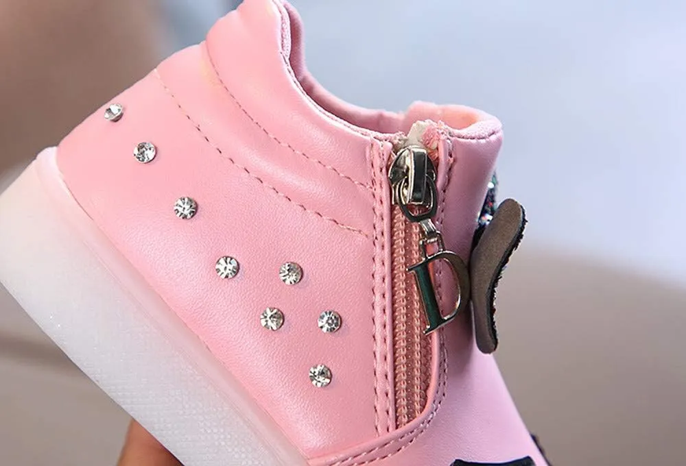 Toddler Girls 𝗥hinestone Light Up Sneaker High Top Slip On Rubber Bottom Zipper Cute Fashion Toddler Girl Shoes Size 9