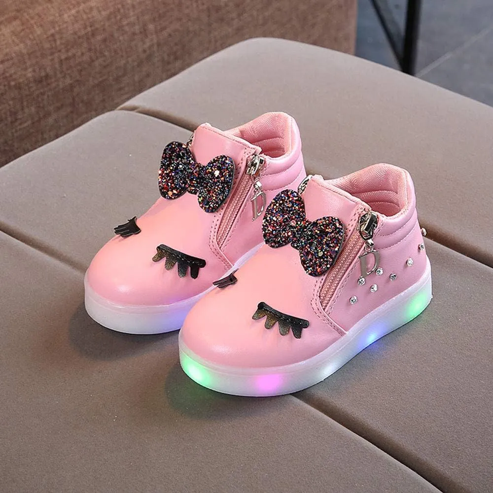 Toddler Girls 𝗥hinestone Light Up Sneaker High Top Slip On Rubber Bottom Zipper Cute Fashion Toddler Girl Shoes Size 9