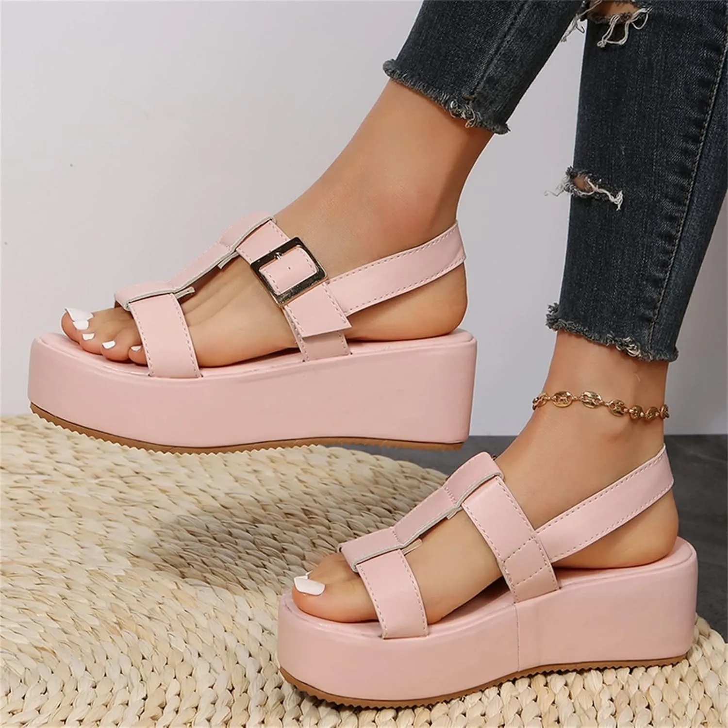 Wedge Sandals for Women Elastic Crisscross Ankle Straps with Peep Toe and Lightweight Platform for All Day Comfortable Orthopedic Sandal Beach Dressy Flip Flops for Wide Toe 2025 Spring