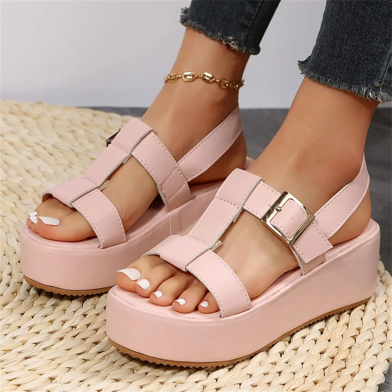 Wedge Sandals for Women Elastic Crisscross Ankle Straps with Peep Toe and Lightweight Platform for All Day Comfortable Orthopedic Sandal Beach Dressy Flip Flops for Wide Toe 2025 Spring