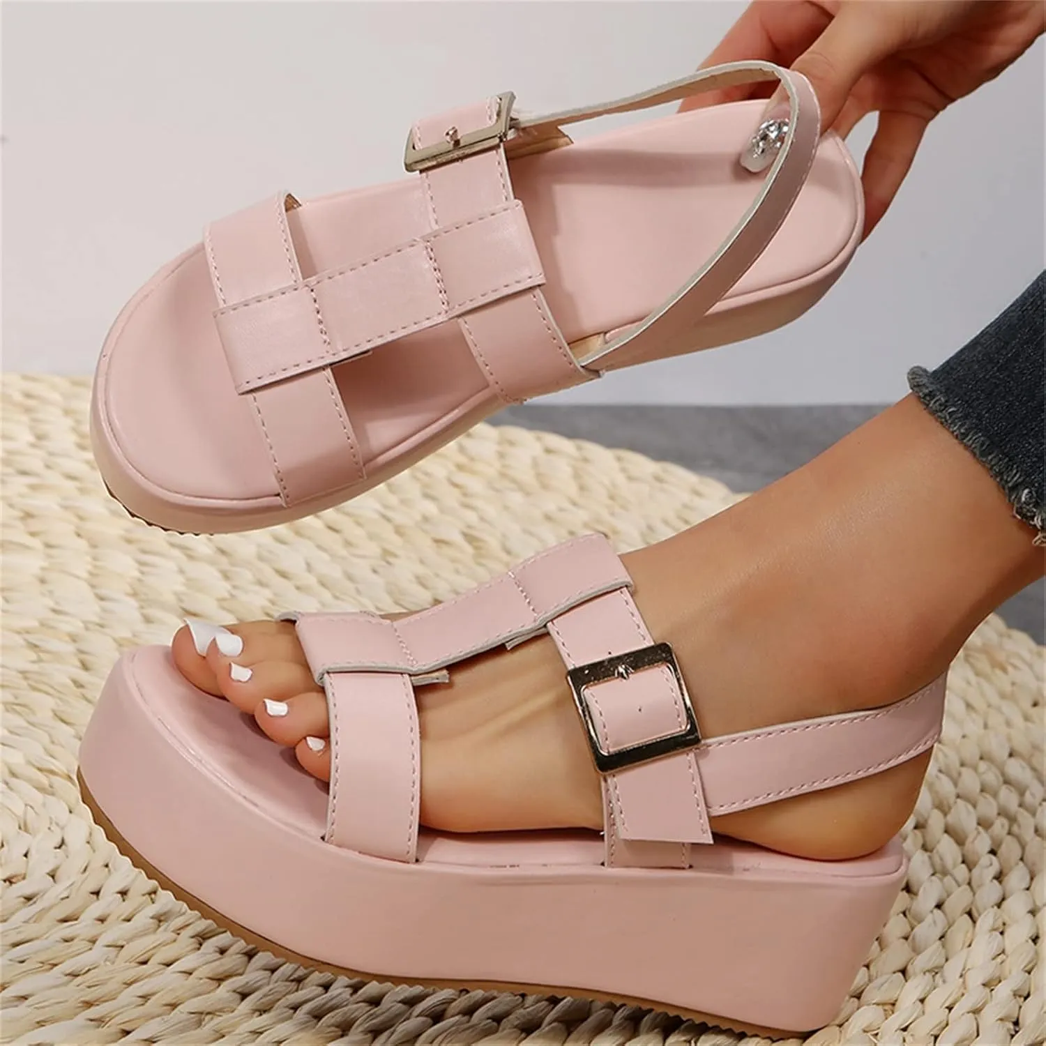 Wedge Sandals for Women Elastic Crisscross Ankle Straps with Peep Toe and Lightweight Platform for All Day Comfortable Orthopedic Sandal Beach Dressy Flip Flops for Wide Toe 2025 Spring