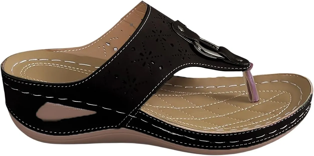 Wedge Sandals for Women Flip-Flops Breathable Hollow Out Slippers Comfort Orthotic Sandals Women Fashion Metal Buckle Shoes For Walking Vacation