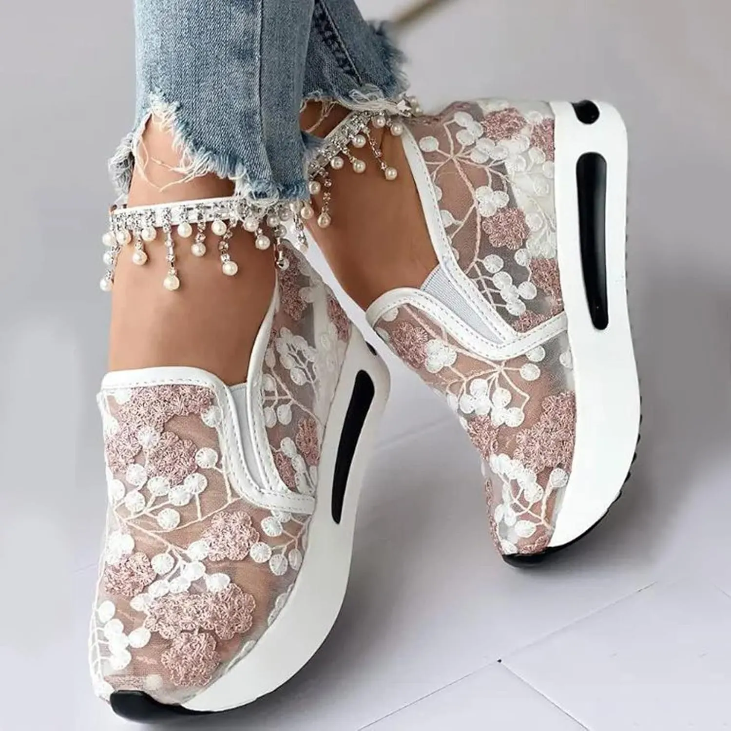 Wedge Sneakers for Women Fashion Lace Floral Embroidery Shoes Casual Platform Hidden Heel Womens Slip On Sneaker Breathable Orthopedic Sneakers for Women Comfortable Work Shoes