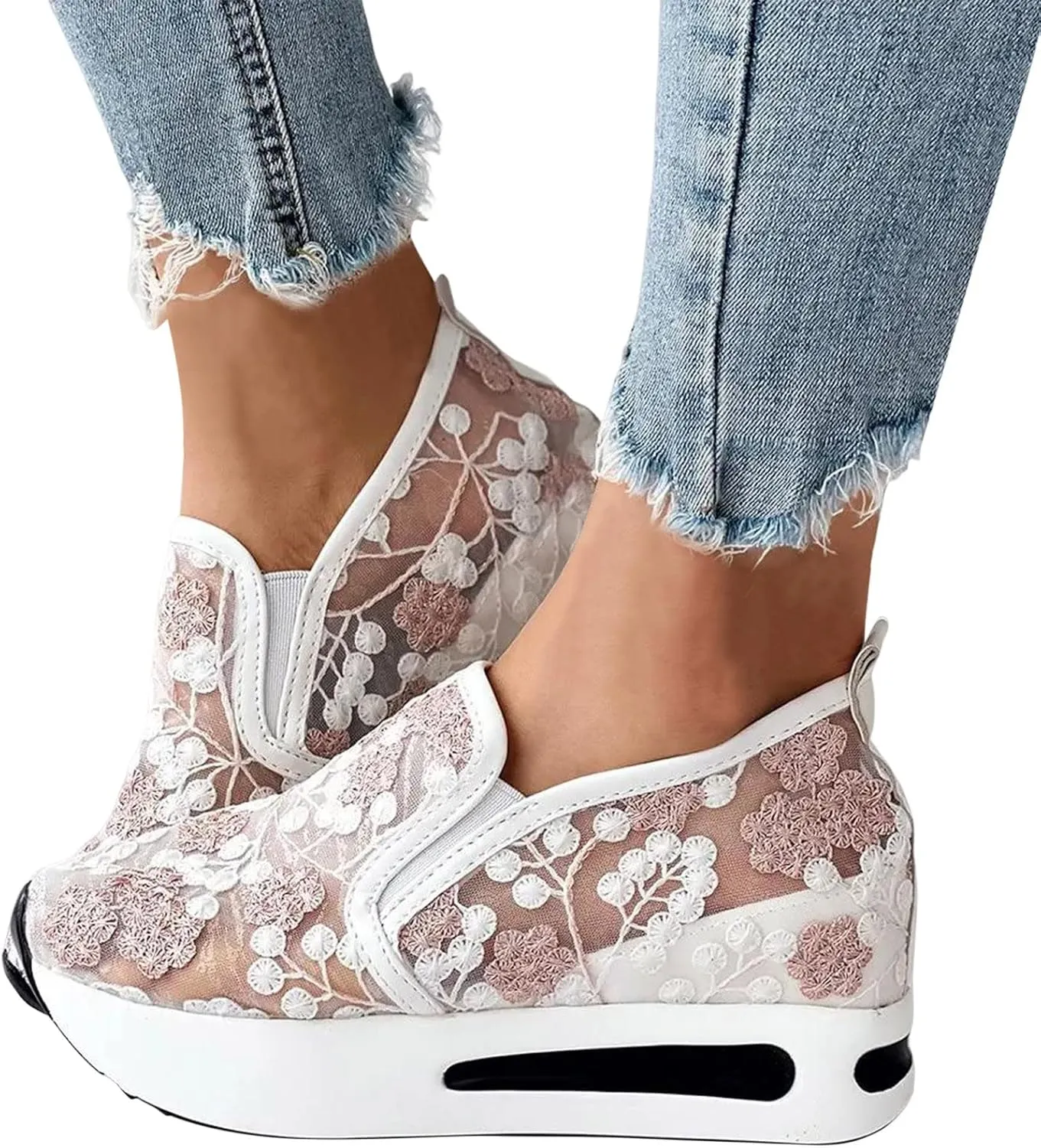 Wedge Sneakers for Women Fashion Lace Floral Embroidery Shoes Casual Platform Hidden Heel Womens Slip On Sneaker Breathable Orthopedic Sneakers for Women Comfortable Work Shoes