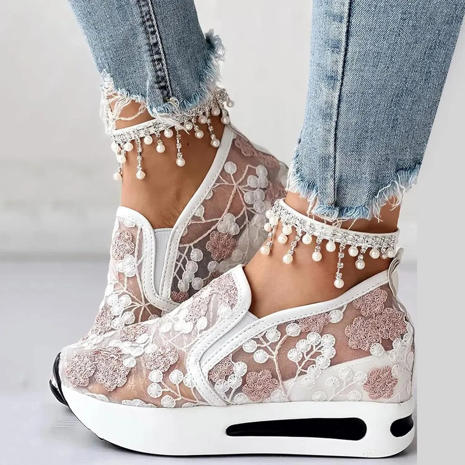 Wedge Sneakers for Women Fashion Lace Floral Embroidery Shoes Casual Platform Hidden Heel Womens Slip On Sneaker Breathable Orthopedic Sneakers for Women Comfortable Work Shoes