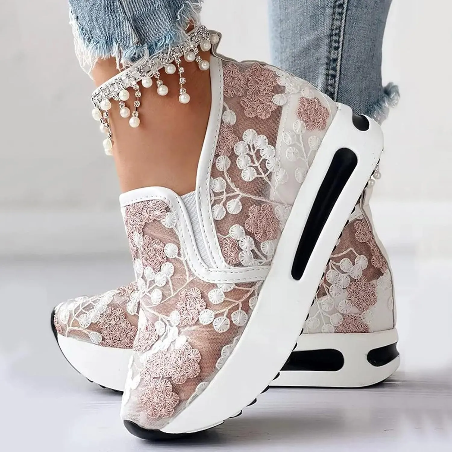 Wedge Sneakers for Women Fashion Lace Floral Embroidery Shoes Casual Platform Hidden Heel Womens Slip On Sneaker Breathable Orthopedic Sneakers for Women Comfortable Work Shoes