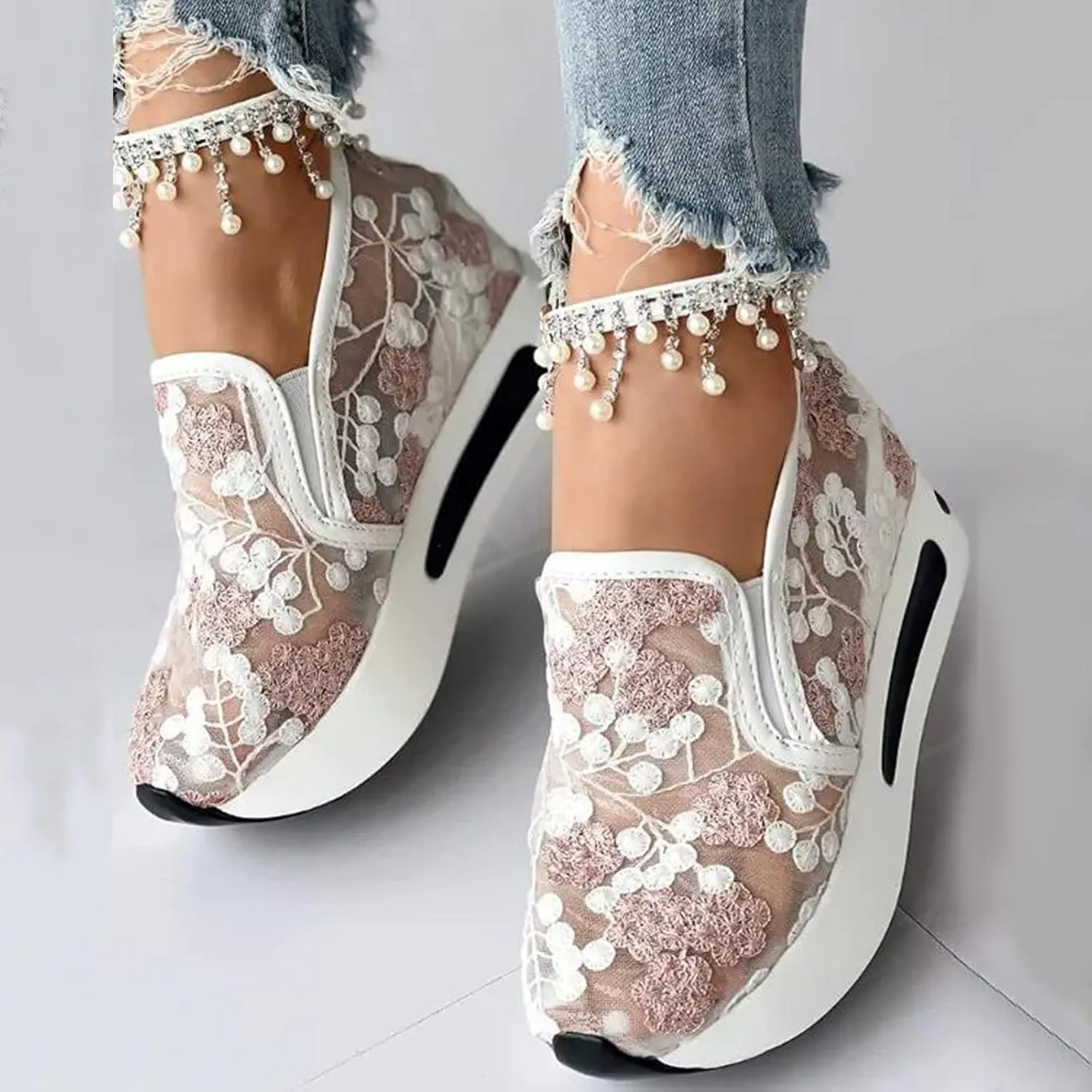 Wedge Sneakers for Women Fashion Lace Floral Embroidery Shoes Casual Platform Hidden Heel Womens Slip On Sneaker Breathable Orthopedic Sneakers for Women Comfortable Work Shoes