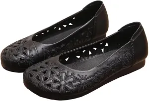 WENJIAZHIZHI Women's Comfortable Loafers Casual Square Toe Moccasins Hollow Breathable Driving Flats Soft Walking Shoes Women Slip On