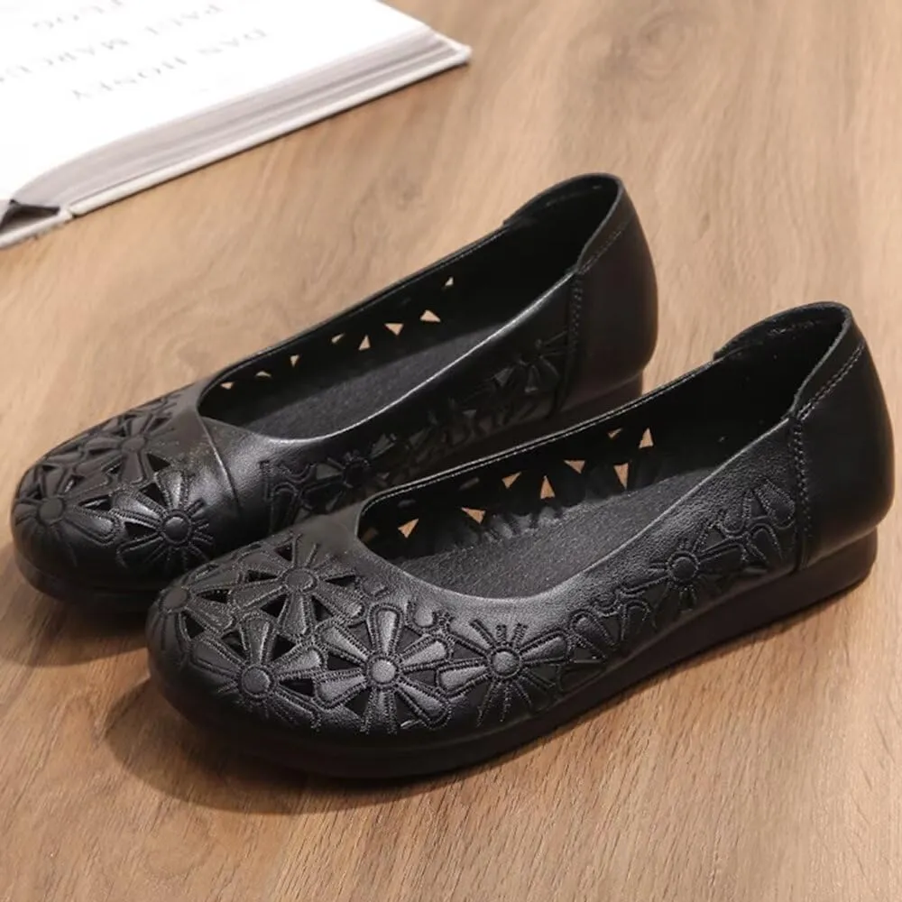WENJIAZHIZHI Women's Comfortable Loafers Casual Square Toe Moccasins Hollow Breathable Driving Flats Soft Walking Shoes Women Slip On