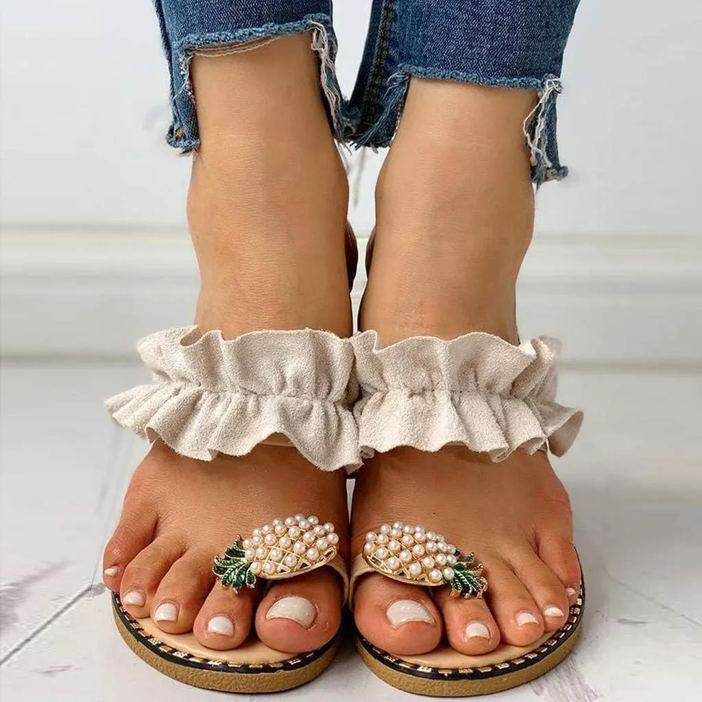 Women Flat Sandals Comfortable Cute Fruit Pineapple Shape Flip Flops Fashion Pearls Rhinestone Non Slip Slippers Ruffle Trim Ring Toe Slip On Flip Flop for Women