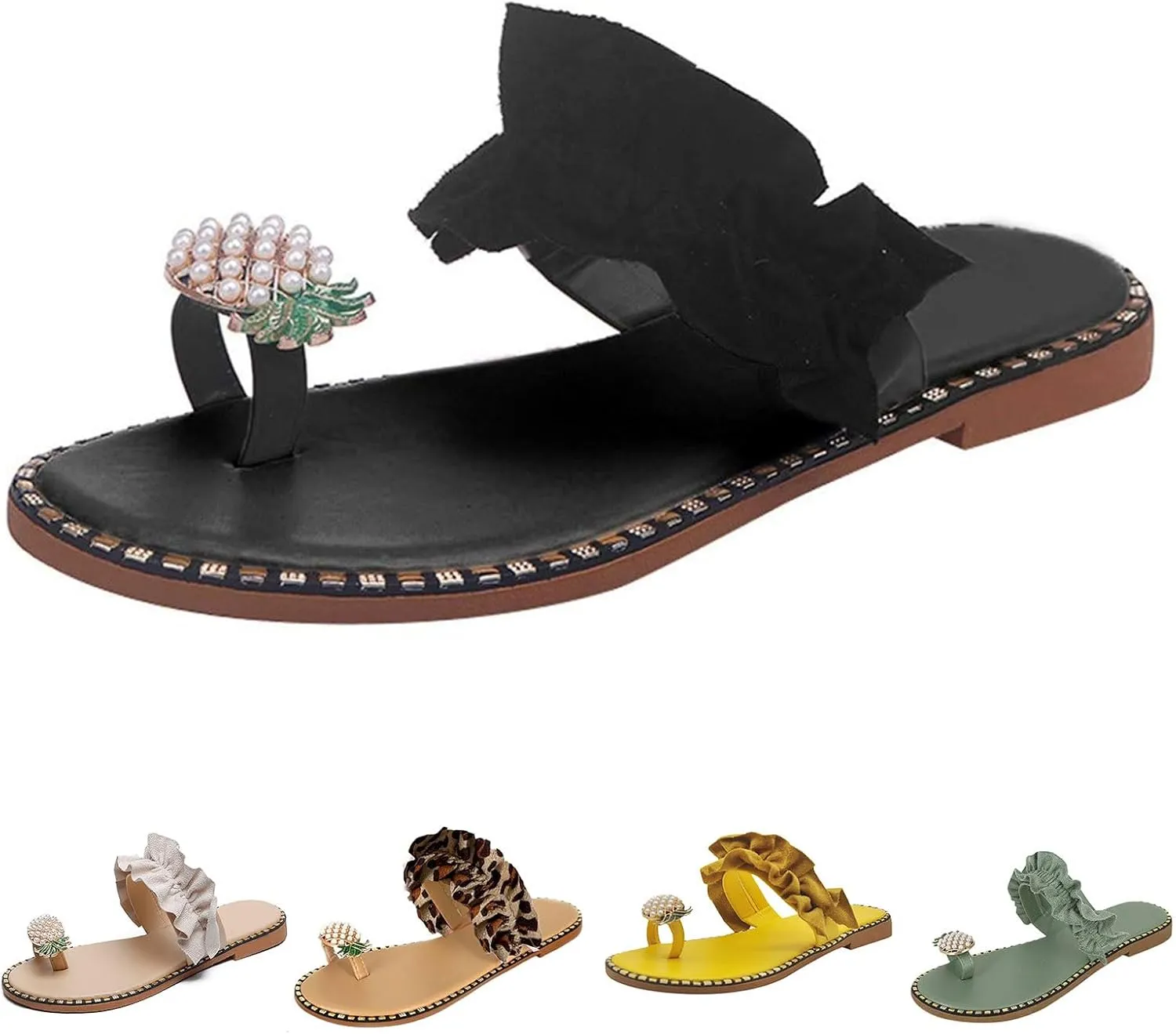 Women Flat Sandals Comfortable Cute Fruit Pineapple Shape Flip Flops Fashion Pearls Rhinestone Non Slip Slippers Ruffle Trim Ring Toe Slip On Flip Flop for Women