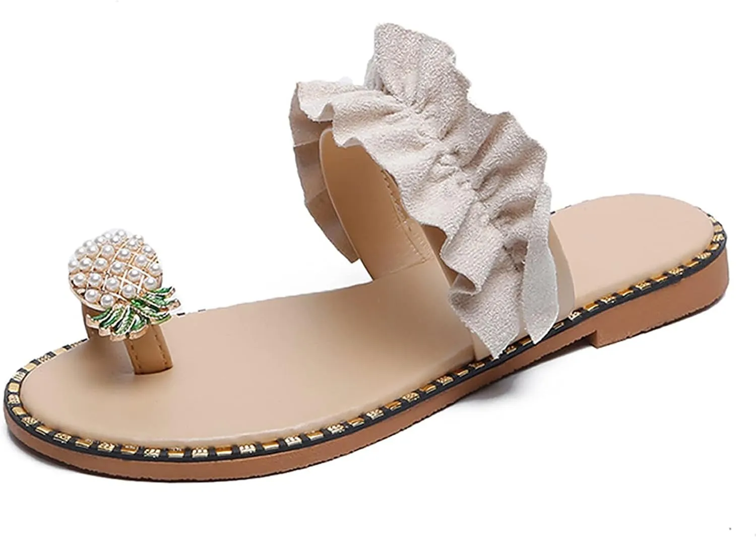 Women Flat Sandals Comfortable Cute Fruit Pineapple Shape Flip Flops Fashion Pearls Rhinestone Non Slip Slippers Ruffle Trim Ring Toe Slip On Flip Flop for Women