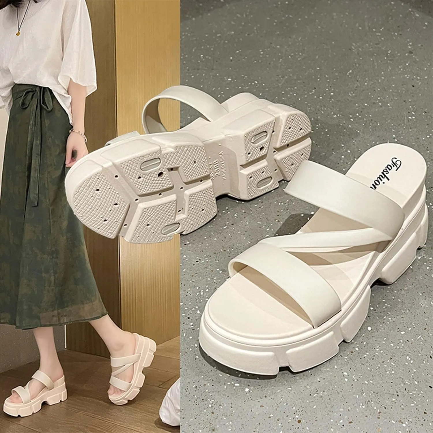 Women Open Toe Lug Sole Sandals Low Heel Platform Block Heels Sandal Dressy Casual Summer Thick Soled Slippers