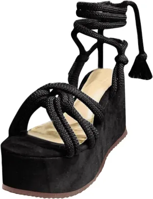 Women Platform Sandals Lace-up Wedge Sandals Casual Open Toe Shoes Summer Strappy Sandals (Black, 7.5)