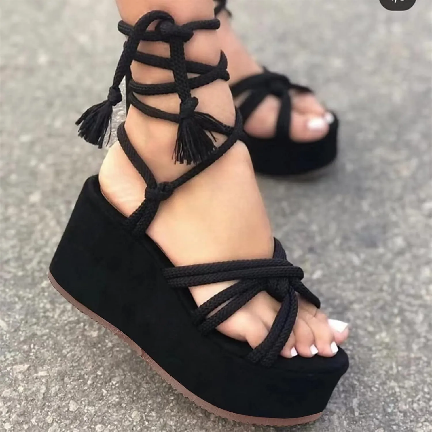 Women Platform Sandals Lace-up Wedge Sandals Casual Open Toe Shoes Summer Strappy Sandals (Black, 7.5)