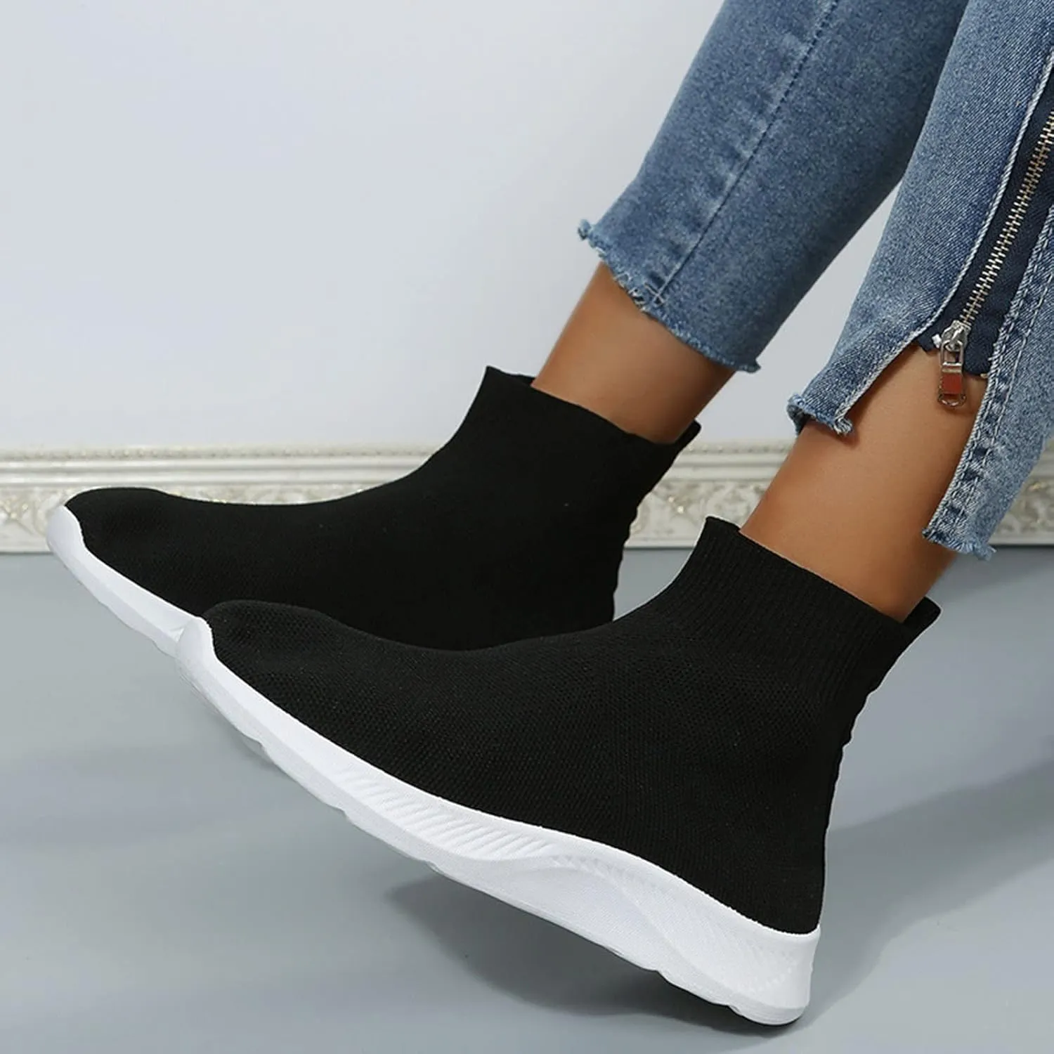 Womens Black Slip On Sneakers Size 8.5 Fashion Sneakers for Women 2023 Platform Women's Walking Shoes Sock Sneakers Lightweight Sneakers for Women Size 8 Wide Zapatos Negros para Mujer Deportivos