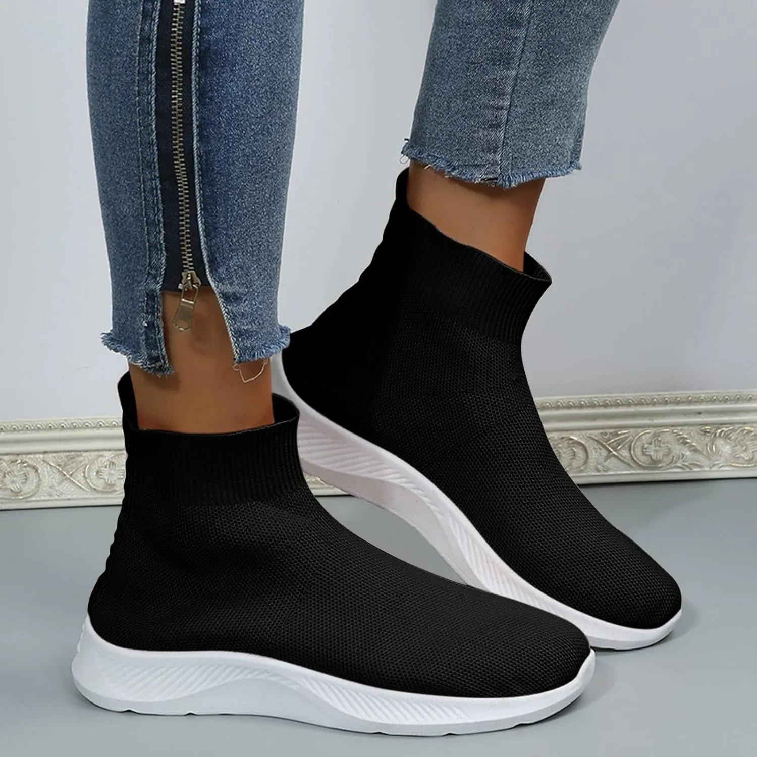 Womens Black Slip On Sneakers Size 8.5 Fashion Sneakers for Women 2023 Platform Women's Walking Shoes Sock Sneakers Lightweight Sneakers for Women Size 8 Wide Zapatos Negros para Mujer Deportivos