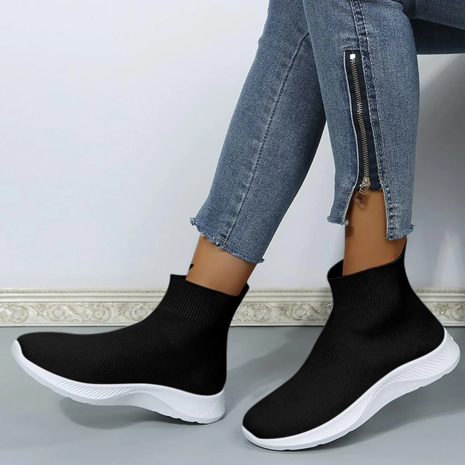 Womens Black Slip On Sneakers Size 8.5 Fashion Sneakers for Women 2023 Platform Women's Walking Shoes Sock Sneakers Lightweight Sneakers for Women Size 8 Wide Zapatos Negros para Mujer Deportivos