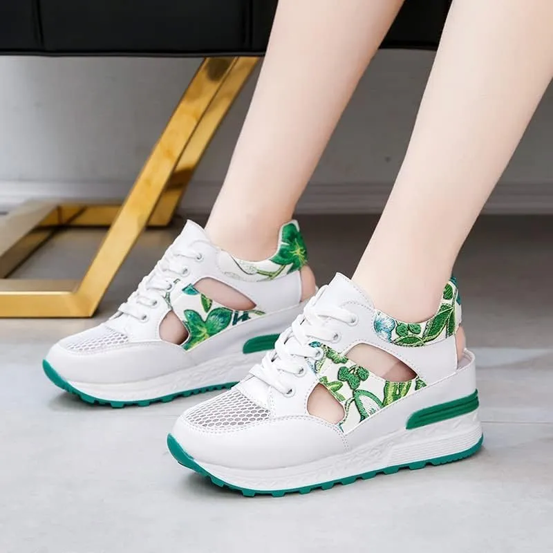 Women's Breathable Wedge Sports Sandals - Lace-Up Comfortable Casual Trainers with Thick Sole and Leaf Embroidery, Lightweight Mesh Walking Shoes