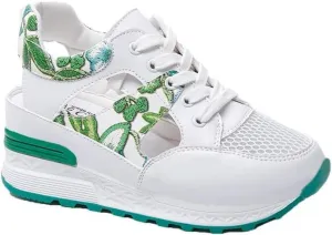 Women's Breathable Wedge Sports Sandals - Lace-Up Comfortable Casual Trainers with Thick Sole and Leaf Embroidery, Lightweight Mesh Walking Shoes