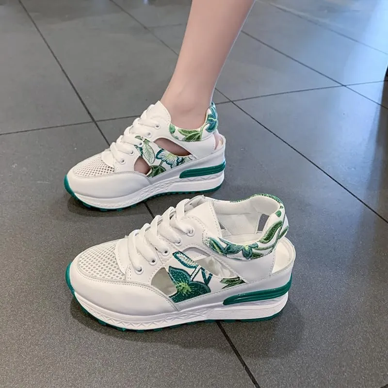 Women's Breathable Wedge Sports Sandals - Lace-Up Comfortable Casual Trainers with Thick Sole and Leaf Embroidery, Lightweight Mesh Walking Shoes