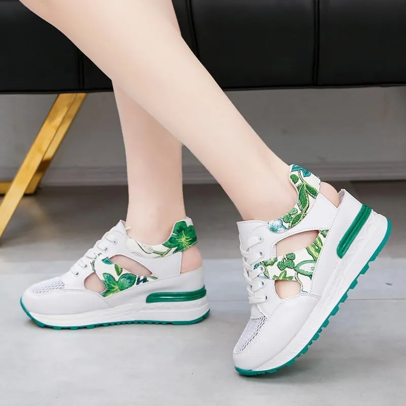 Women's Breathable Wedge Sports Sandals - Lace-Up Comfortable Casual Trainers with Thick Sole and Leaf Embroidery, Lightweight Mesh Walking Shoes