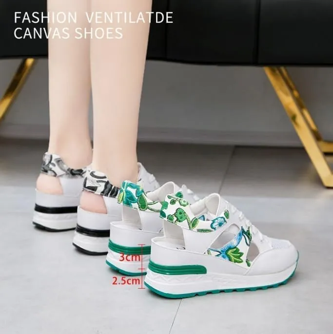 Women's Breathable Wedge Sports Sandals - Lace-Up Comfortable Casual Trainers with Thick Sole and Leaf Embroidery, Lightweight Mesh Walking Shoes